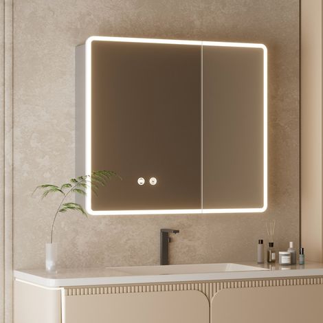 Armoire Salle de Bain Aluminium 80x70cm,Armoire à Pharmacie avec Miroir,Anti-buée,3 Couleurs,Dimmable,Mémoire,Étagère de Rangement Réglable,Assemblé (1/5)