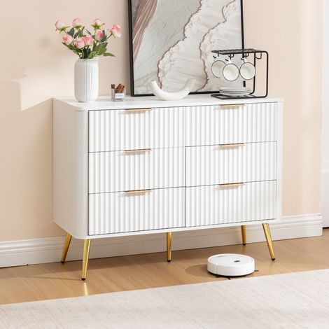Kommode mit 6 Schubladen 20 cm hohe Beine Weiß aus MDF mit Soft-Close, Metallgriffen und Kippschutz (1/5)