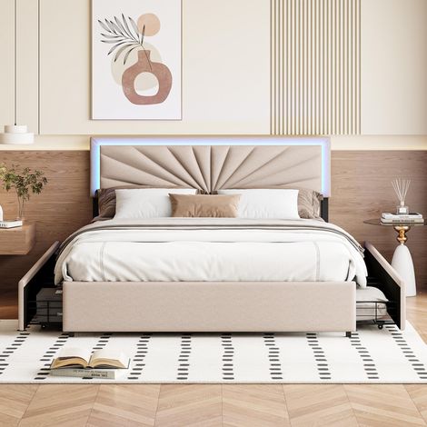 Dans Les Nuages – Lit double capitonné 160x200 cm – Tissu lin beige – Éclairage LED télécommandé – 4 tiroirs de rangement – Style scandinave moderne