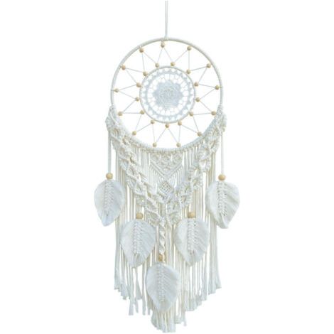 Attrape-rêves en macramé pour chambre à coucher, décoration murale bohème, décoration en feuilles tissées, tapisserie en corde de coton tissée à la main avec pendentif en dentelle, décoration bohème (1/4)