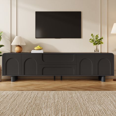 Meuble TV de 180 cm noir avec 4 portes et 2 tiroirs centraux angles arrondis fermeture amortie et passe-câbles pour salon (1/5)