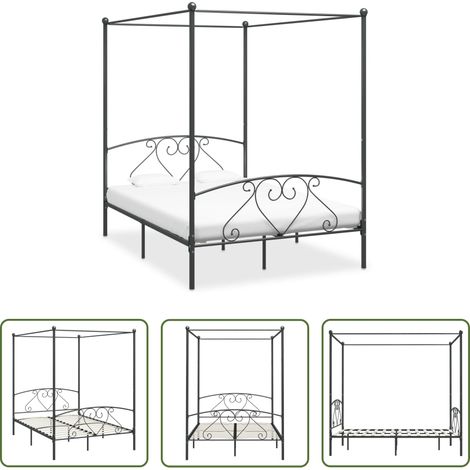 Cadre de lit -  Cadre de lit à baldaquin sans matelas gris métal 160x200 cm (1/5)