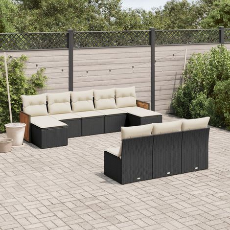 Ensemble de jardin 10 places en résine tressée noire avec coussins crème - Salon extérieur modulaire avec repose-pieds (1/5)