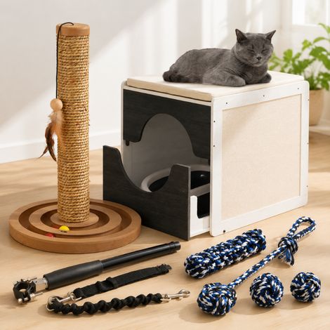 Kit confort pour chats et chiens (4 pièces) – Meuble à litière rembourré, tour pour chat en corde, jouets pour chien et laisse pour vélo