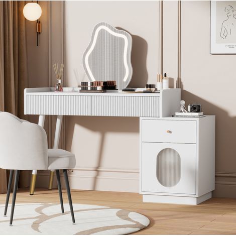 Schminktisch mit LED-Beleuchtung, 2 Schubladen, Weiß OKMYHOME (1/5)