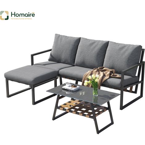 HOMAIRE Gartenmöbel-Set Eckgarnitur Sofa Couchtisch Fußhocker aus verzinktem Stahlrohr mit Glastischplatte grau für Gärten Schwimmbäder und Außenbereiche