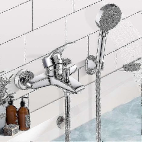 Mitigeur de baignoire chromé avec douchette, flexible de 1,5 m et support (laiton et ABS) (1/4)