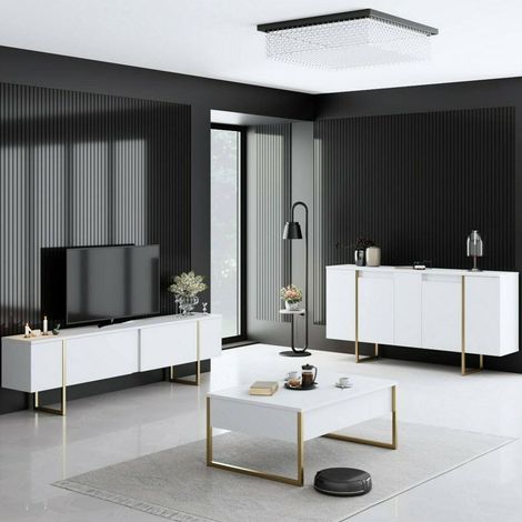 Ensemble Mobilier Salon Pignano, Modulable, 4 Étagères, Portes Battantes, Rabattable, Blanc (1/5)