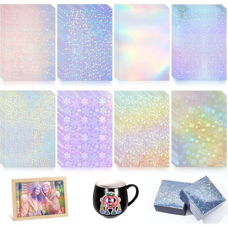 Papier holographique 32 feuilles Feuille autocollante transparente A4 Papier vinyle autocollant Imperméable Holographique feuille plastifieuse 8 Motifs Idéal pour les photos le scrapbooking (1/5)