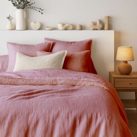 Parure de lit - Tendance Perso - 100% Lin - Vieux Rose - Housse 200x200 cm et 2 taies 63x63