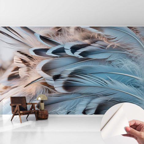 Selbstklebend Tapete - abwaschbar - Raumgestaltung  Schlafzimmer Wohnzimmer Tapete Blaue Federn 416x254 cm (1/5)