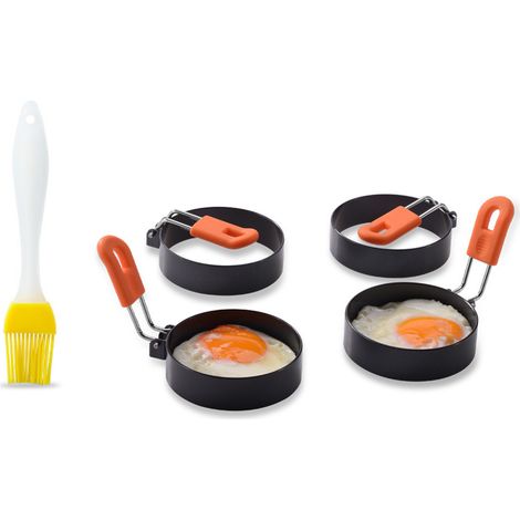 Ensemble de 5 anneaux à œufs avec brosse, en acier inoxydable épais et manche en silicone, pour la cuisson des œufs et la fabrication de moules à omelettes ronds antiadhésifs.