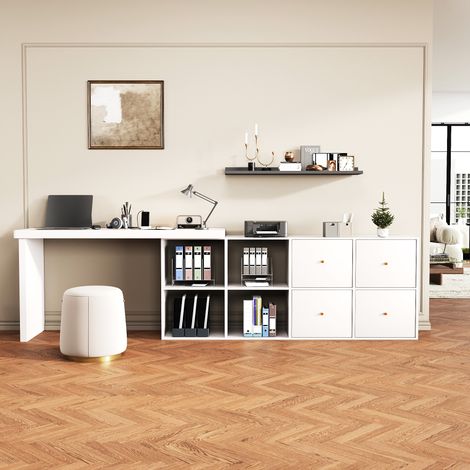 Escritorio esquinero giratorio 360° blanco con almacenamiento, MDF, 120x48x78 cm + 140x35x74 cm, 4 nichos y 4 cajones (1/5)