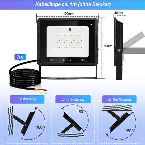 Wolketon RGB LED Strahler mit Fernbedienung, 50W RGB LED Flutlicht, 16 Farben & 4 Modi, IP66 LED Außenstrahler für Garten & Terrasse