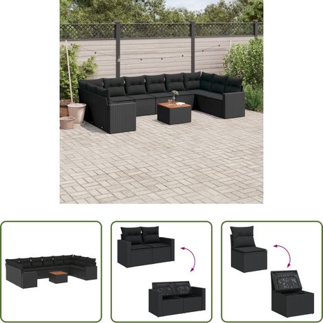 Gartenmöbel - 11-tlg. Garten-Sofagarnitur mit Kissen Schwarz Poly Rattan (1/5)