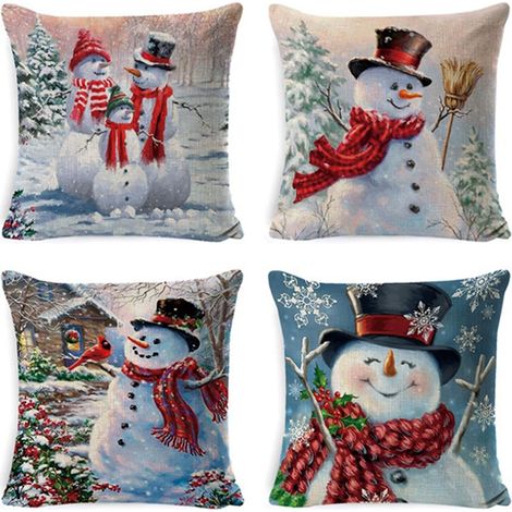 Fundas de cojín navideñas con diseño de muñeco de nieve, juego de 4 en algodón/lino, 45x45 cm, decoración de invierno (1/4)