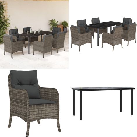 Set comedor jardín 7 pzas y cojines ratán sintético gris - Muebles de jardín - Sillas de jardín