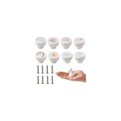 8 Pièces Boutons de Tiroir Enfant en Bois, 35mm Rond Boutons d'armoire pour la Chambre, Armoire Poignée en Bois Bouton de Porte Blanc pour les Enfants (1/5)