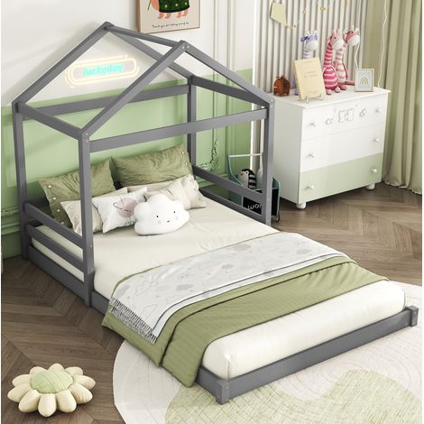 Cama infantil 140x200 cm gris de pino y MDF con forma de casa y somier (1/5)