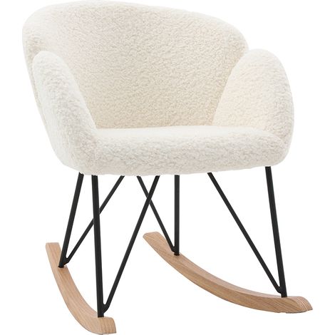 Rocking chair en tissu effet peau de mouton blanc, métal noir et bois clair RHAPSODY (1/5)