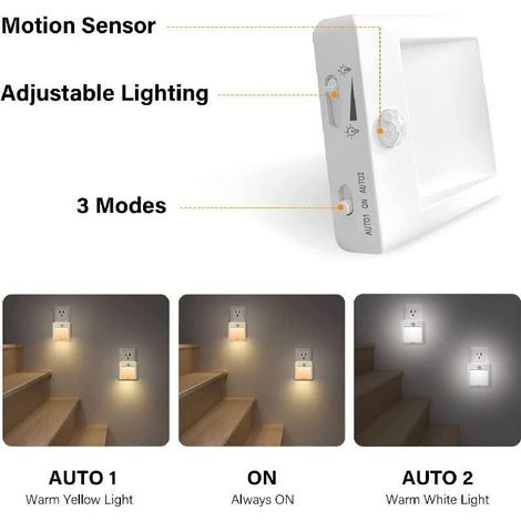 Veilleuse Prise Electrique, [Lot de 2] Veilleuse avec Détecteur de Mouvement (ON/AUTO/OFF), Veilleuse LED Dimmable 3500K Blanc Chaud, Veilleuse Enfant pour Chambre, Couloir, Escalier, Cuisine, Salon [ (1/3)