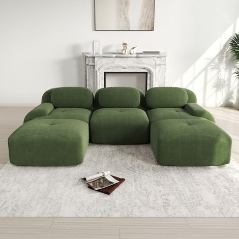 Canapé d’angle modulaire en velours côtelé vert, sans montage, mousse haute densité 32D (1/5)