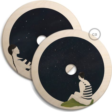 creative cables - UFO Paralume in legno Special Edition Illustratori Italiani, double face, diametro 33 cm