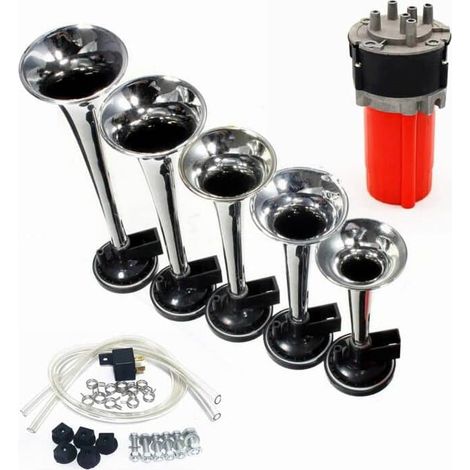 bocina de música de cinco tubos bocina de automóvil personalidad de sonido de frecuencia múltiple 12V 150DB bocina de aire bocina de camión con bomba de aire de compresor