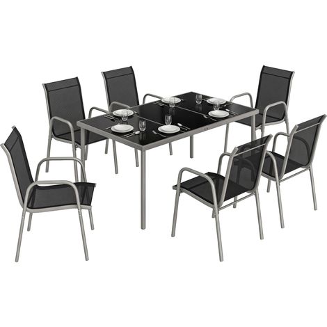 Ensemble de jardin 7 pièces comprenant 6 chaises empilables en Textiline et une table basse en verre, noir et argent (1/5)