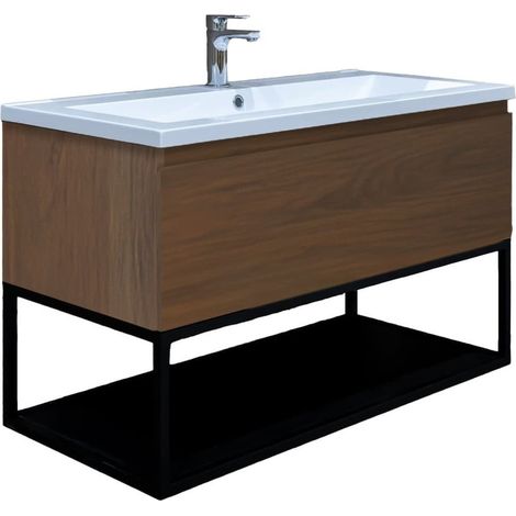 Ensemble meuble avec vasque céramique et cadre - SAT - B-Way - 99x30x45 - noyer mat - noyer
