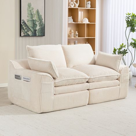 Canapé 2 posti in corduroy beige 191x94x85 cm con cuscini e tasche laterali (1/5)