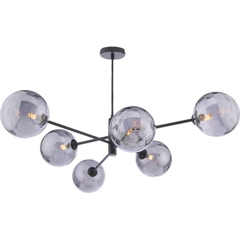 Dar Vignette Suspension Vignette à 6 lumières, noir mat et verre fumé à bulles