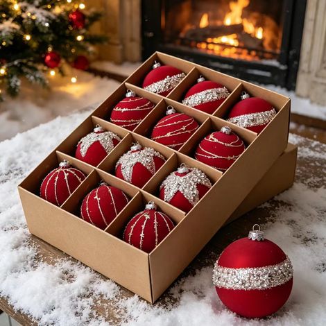 Lot de 12 boules de Noël flockées 6 cm rouge bordeaux, ornements pour sapin de Noël (1/4)