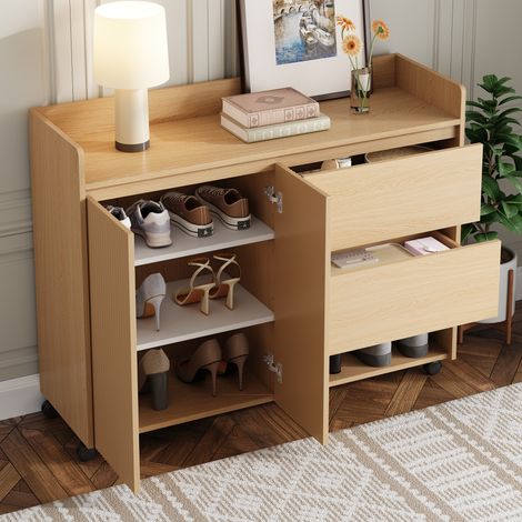 REDOM Meuble à chaussures 110x35x86 cm Bord supérieur arrondi pour sécurité MDF naturel (1/5)