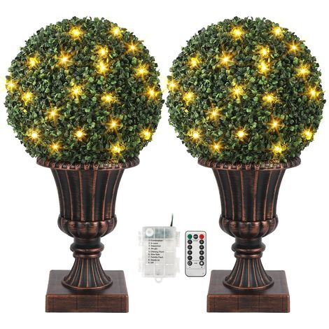 Lot de 2 boules topiaires artificielles buis 16" avec 40 LED - UV & étanches - 8 modes + minuterie + télécommande, USB, pot urne rougeâtre, Int/supplémentaire, 25"H, coloris Antique (1/5)