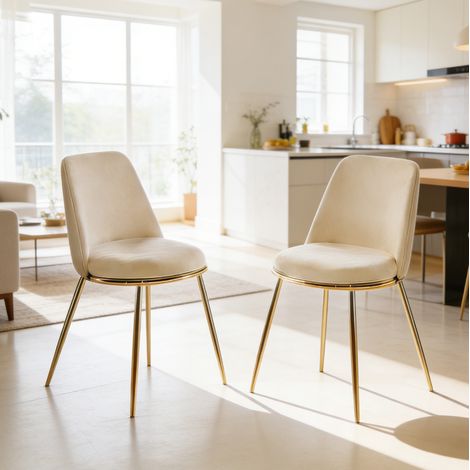 Lot de 2 chaises de salle à manger crème en velours avec pieds dorés, dossier haut – dimensions sur demande (1/5)
