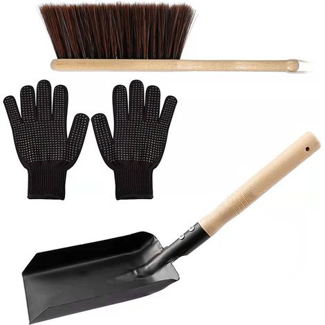 Kaminreinigungsset – Komplettset mit Schaufel und Bürste mit Holzgriff, 2 Silikonhandschuhen, Material: Carbon + Holz, Farbe: Schwarz, Maße: 37,5 x 11,5 x 11,7 cm (1/5)