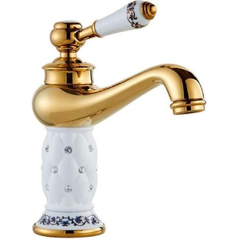Robinet de lavabo de luxe monotrou, à poignée unique, robinet d'eau chaude et froide (blanc, céramique) (1/4)