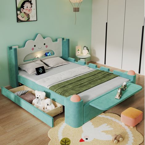 Letto matrimoniale per bambini 140x200 cm con testiera a nuvola, lampada da lettura a LED, porta USB, vano contenitore, velluto blu-verde (1/5)