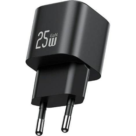 Cargador rápido mini USB-C Usams JC Series CC289 de 25 W con tecnología GaN, color negro.