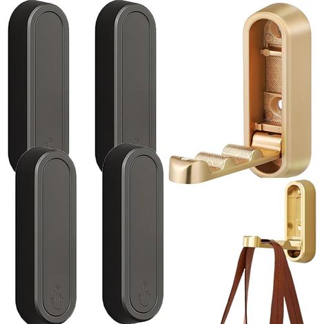 Lot de 4 crochets muraux pliables en aluminium, pliables à 90 degrés, invisibles pour bureau, cuisine, chambre, salle de bain, cuisine (noir) (1/5)