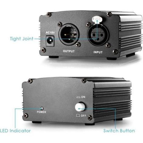 1- Canal 48V Alimentation Fantôme Noir avec Adaptateur et Un XLR Câble Audio (1/4)