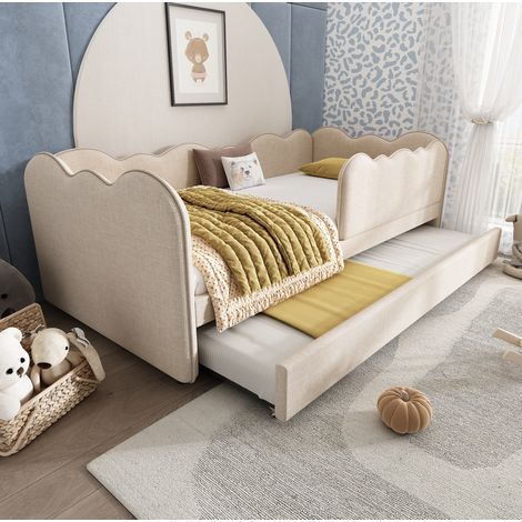 MEUBLIV Lit de repos cloud avec lit gigogne 90 x 190 cm en lin beige sommier à lattes et barrière avant amovible (1/5)
