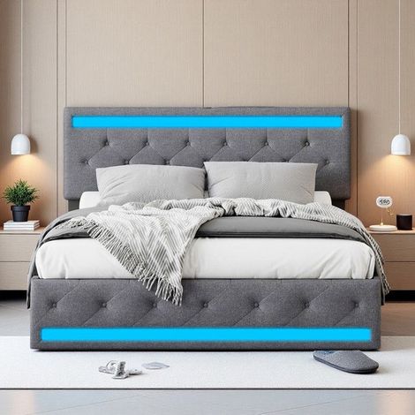 Lit Double LED Rangement Tiroirs 140x190cm - Éclairage RGB APP Remote - USB-C - Tissu Lin - Lit Adulte Gris Foncé Moderne (1/5)