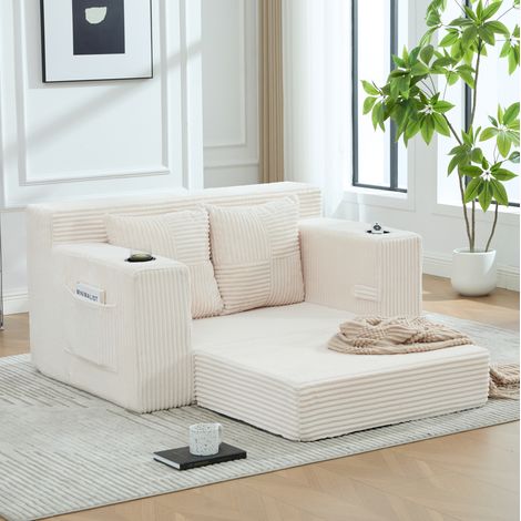 2-Sitzer-Sofa 151 x 133 x 64 cm aus beigem Cordstoff mit Hocker und Stauraum – MEUBLIV (1/5)