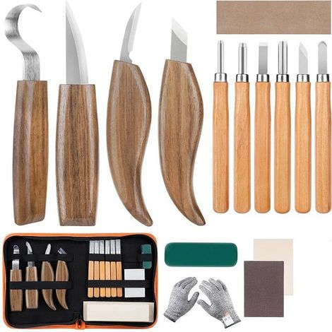 Ciseau à bois, Set de couteaux à sculpter avec blocs de bois, set comprenant 10 couteaux à sculpter en bois (1/5)