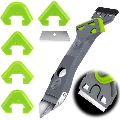 Herramienta 7 en 1 para eliminar selladores: espátula de silicona, cortador y boquilla desatascadora, espátula multiusos para limpieza, espátula de silicona para juntas para eliminar, limpiar y sellar (1/5)