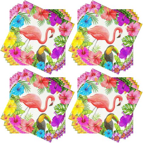 60 serviettes de table jetables à motif flamant rose et fleurs colorées, idéales pour les fêtes d'été et les cocktails. 2 plis, 33 x 33 cm. (1/4)