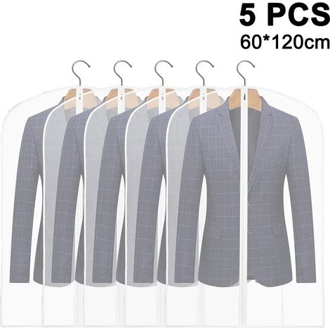 5 housses de costume transparentes avec fenêtre, en tissu non tissé et fermeture éclair, idéales pour les voyages et les affaires. (1/5)