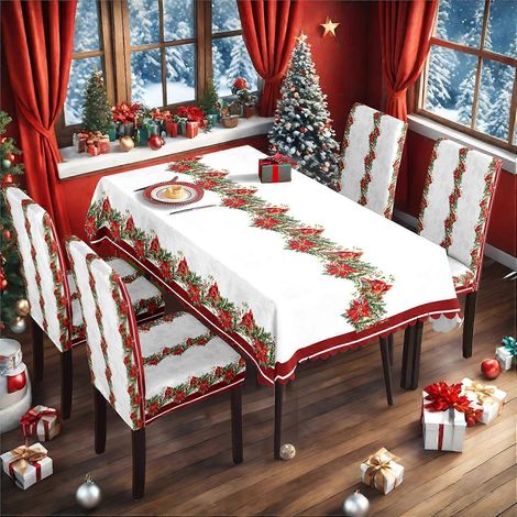 Ensemble de décoration de table en tissu pour Noël, motif flocons de neige, nappe et housses de chaises TC-359 (nappe imperméable 140 x 210 cm + 4 housses de chaises) (1/3)